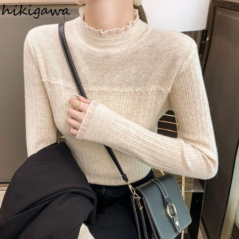 

Half High Collar Tunic Pullovers Women 2025 Ropa Mujer Long Sleeve Solid Color Jumper Sueter Mujer Knitting Korean Sweater Tops