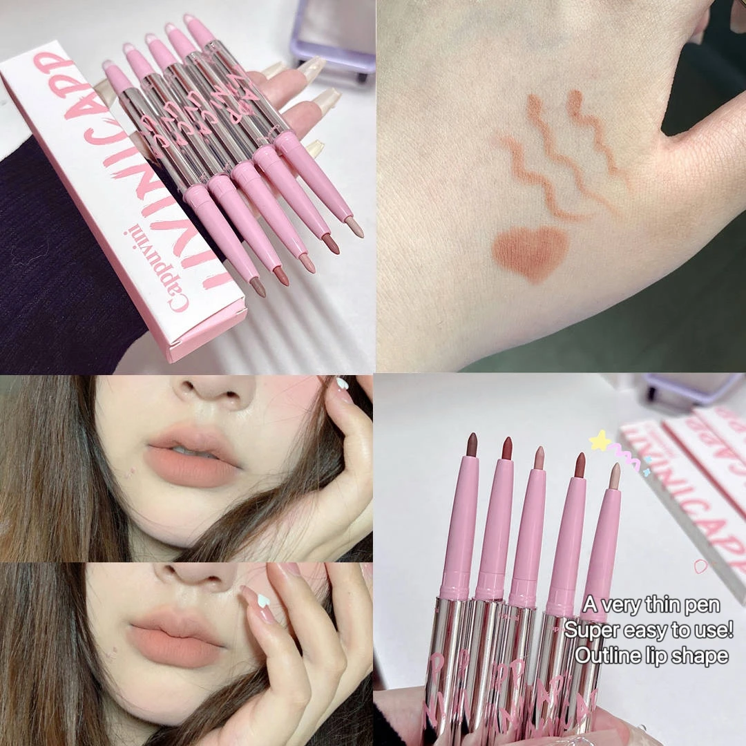 Lip Shadow Liner ปากกา Matte ลิปสติกฐาน Silver Tube กันน้ํา Lasting Lip Contouring Non-stick Cup Lipliner ดินสอพร้อมแปรง