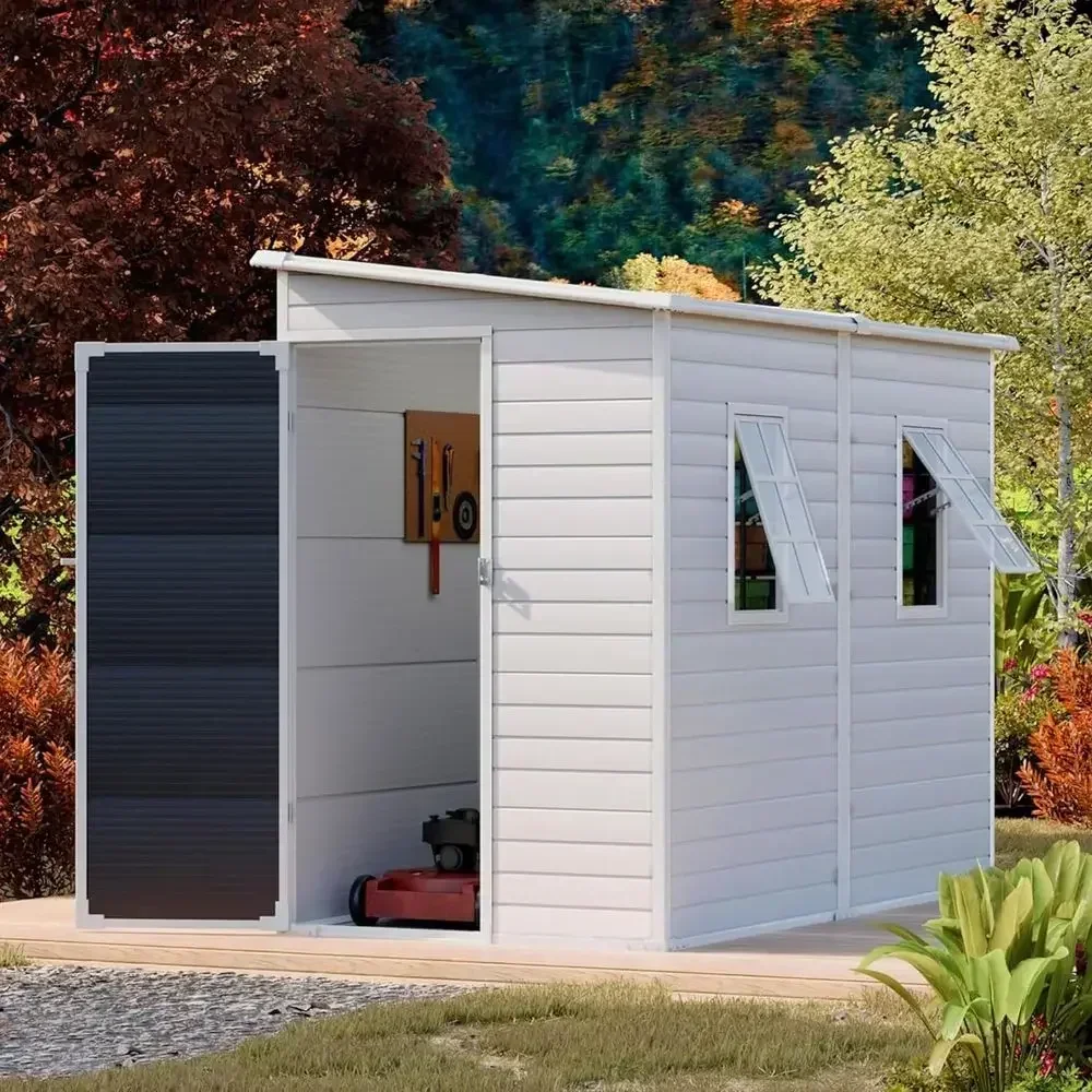 8x4 Plastic Storage Shed with Floor and Adjustable Window - Weather-Resistant for Outdoor, Garden, and Lawn (Light Grey)