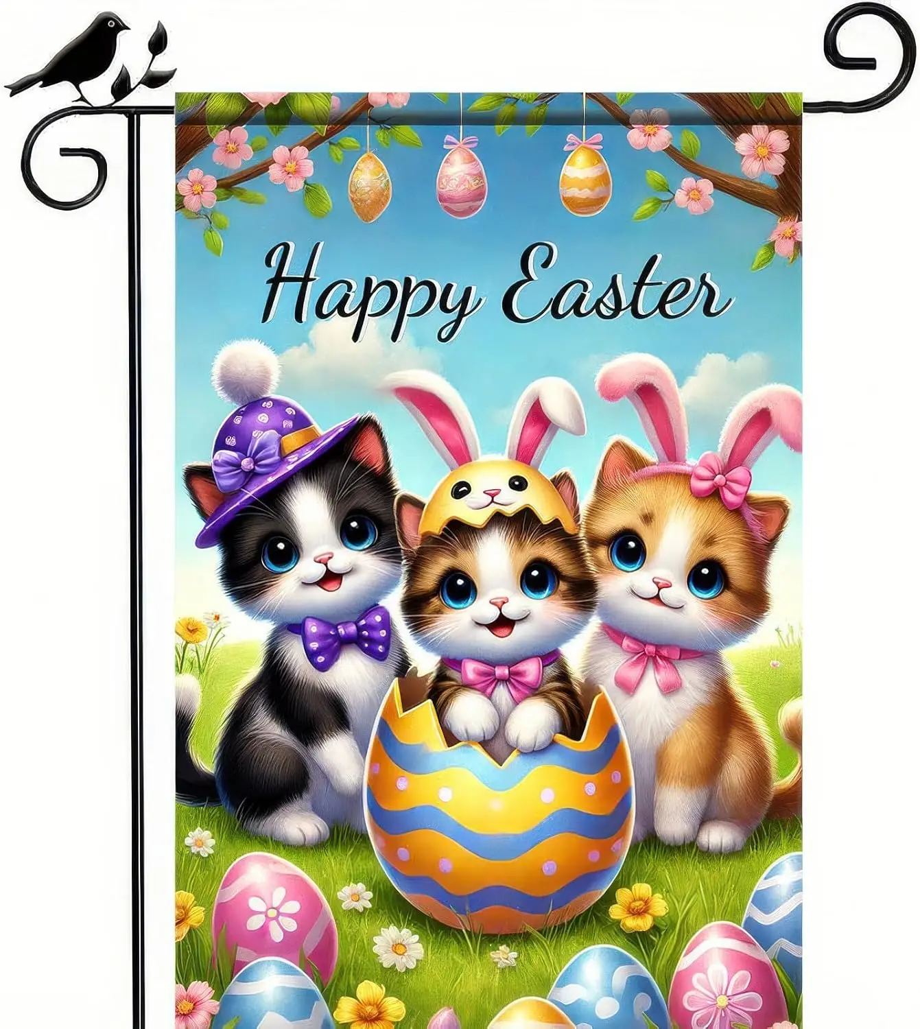 Happy Easter Garden Flag 12 x 18 Inches Double Sided Three Cute Cats Outdoor Decorations Yard Flag Easter Eggs Seasonal Flag SSL