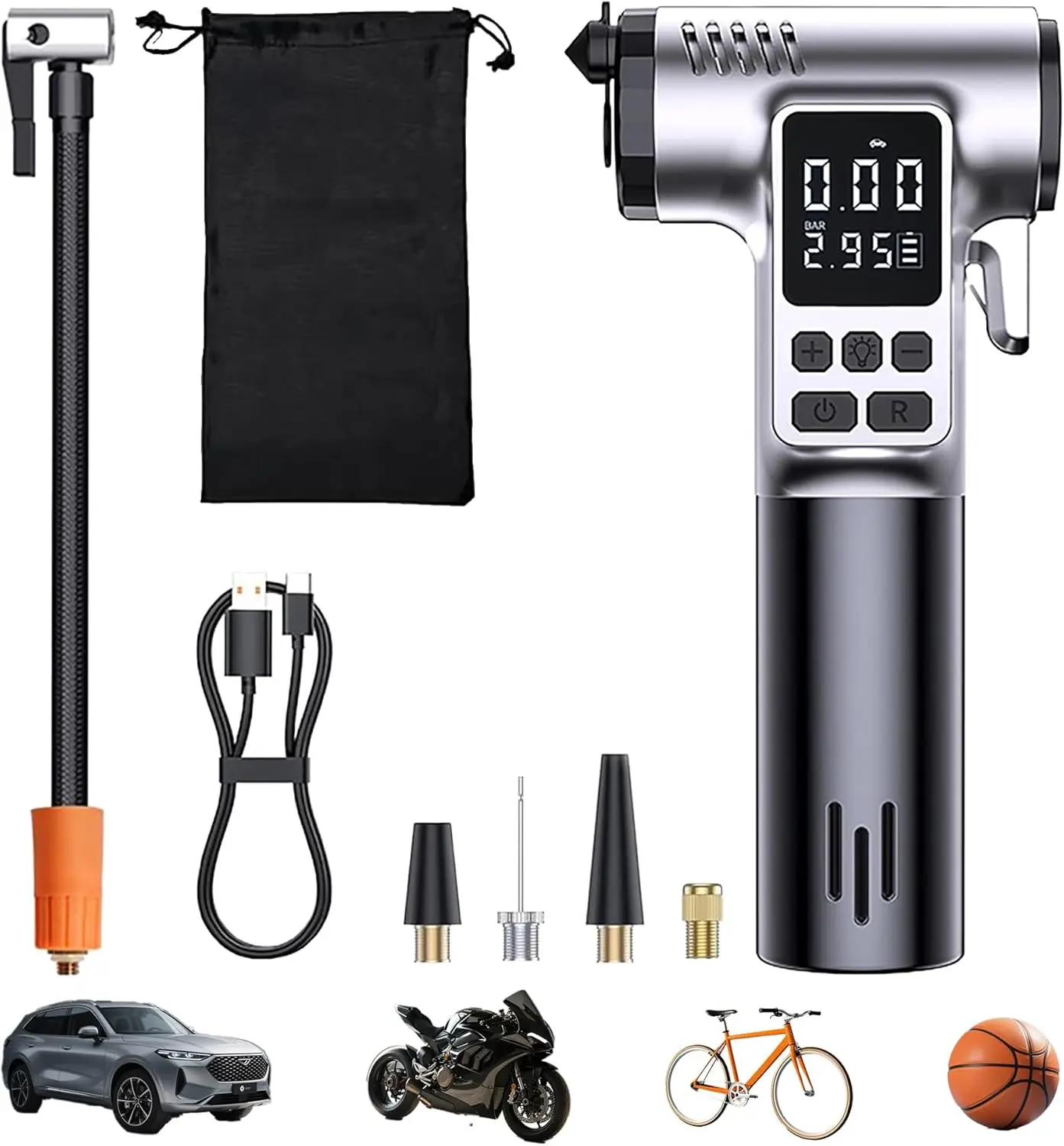 

Tire Inflator Portable Air Compressor, with Digital Pressure Gauge & Auto Shut-OffSafety Hammer & Seatbelt Cutter Function