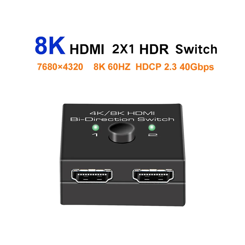 

Двухсторонний переключатель 8K 60 Гц HDMI 2x1 7680x4320P, переключатель видео, селектор, адаптер, сплиттер 1x2 4K 120 Гц HDR VRR для PS5 XBOX-X TV