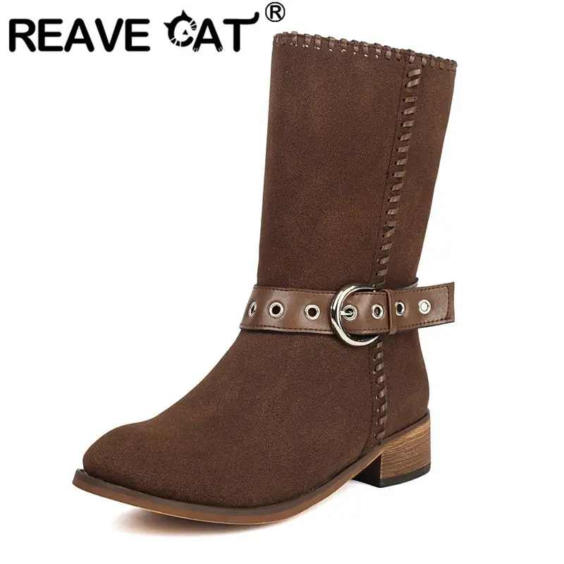 

REAVE CAT Sale Brand Women Mid Calf Boots Round Toe Block Heels Slip On Belt Buckles Casual Daily Style Fall Large Sizes 46-48