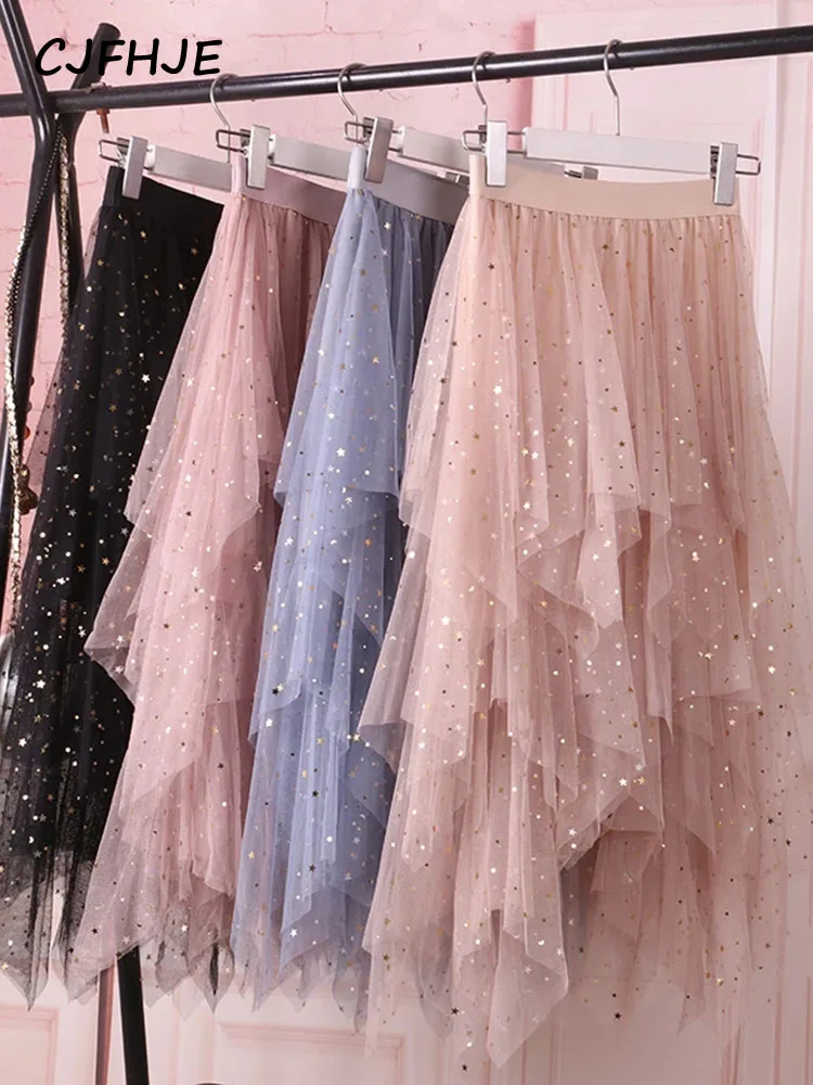 Fashion Shiny Stars Sequins Irregular Tulle Skirts Women Spring Chic Fairy Sweet Cake Mesh Skirt Female Elegant Lady Faldas