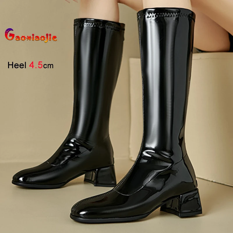 

Fall Winter Black Women's Knee High Boots Square Toe Knight Boots Thick Soled Heels 4.5cm Side Zipper Ladies Shoes Large Size 46