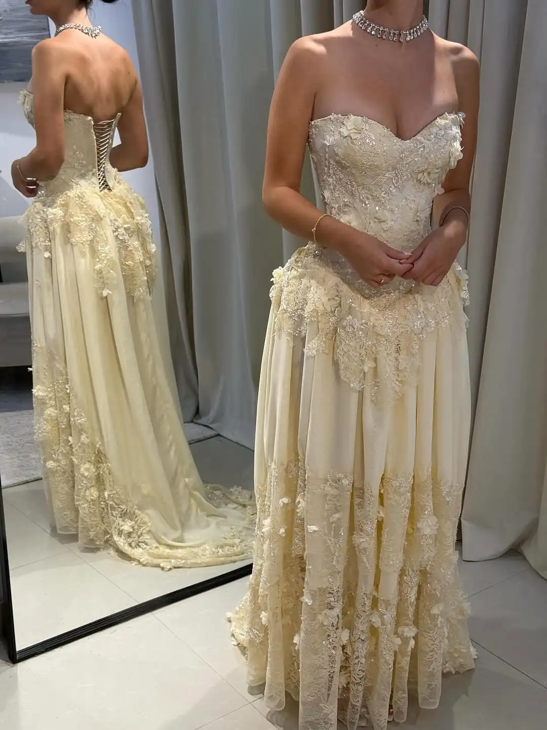 Ofherown فساتين سهرة صفراء على شكل حرف a بدون حمالات ثلاثية الأبعاد زهور دانتيل ترتر زينة فساتين لحضور الحفلات الموسيقية على شكل قلب بدون ظهر فستاين سهرة/فساتين الحفلات