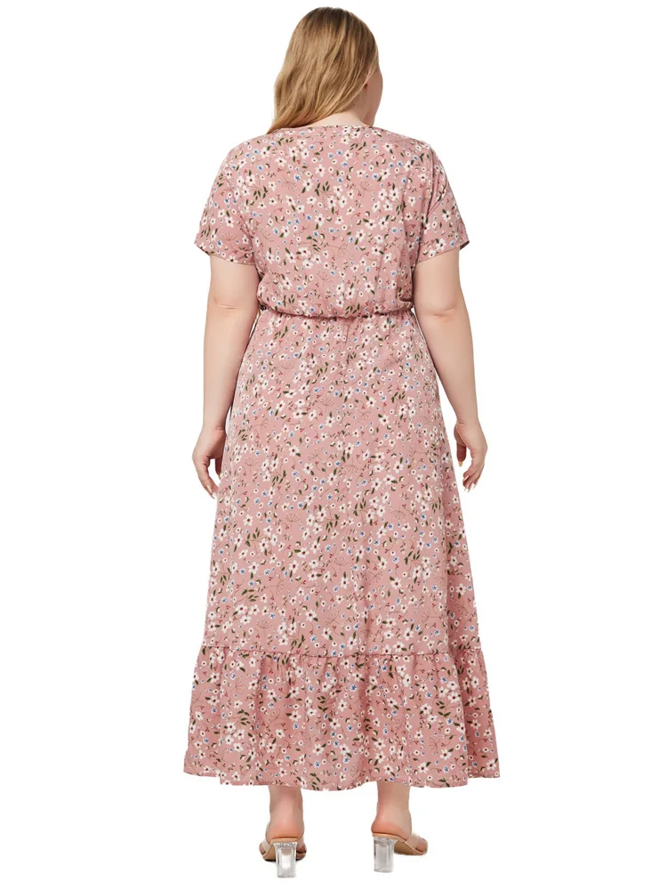 GIBSIE Plus Size Boho Women's Ditsy Floral Print Summer Dress 2024 O-Neck Short Sleeve Vacation Casual Ruffle Hem Maxi Dresses