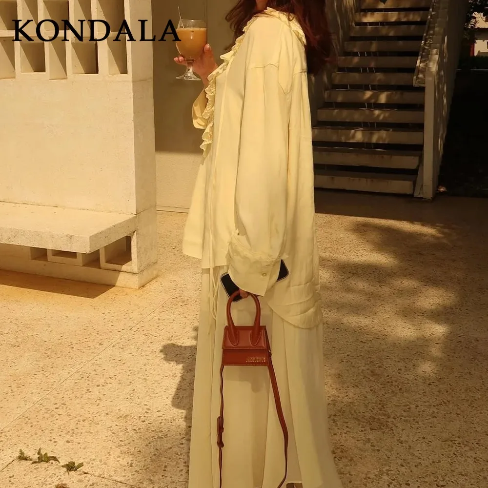 KONDALA 2025 الربيع الصيف عادية زبدة الأصفر النساء الدعاوى موضة الخامس الرقبة Ruched رقيقة قمصان شيك الرباط فضفاض سيدة التنانير
