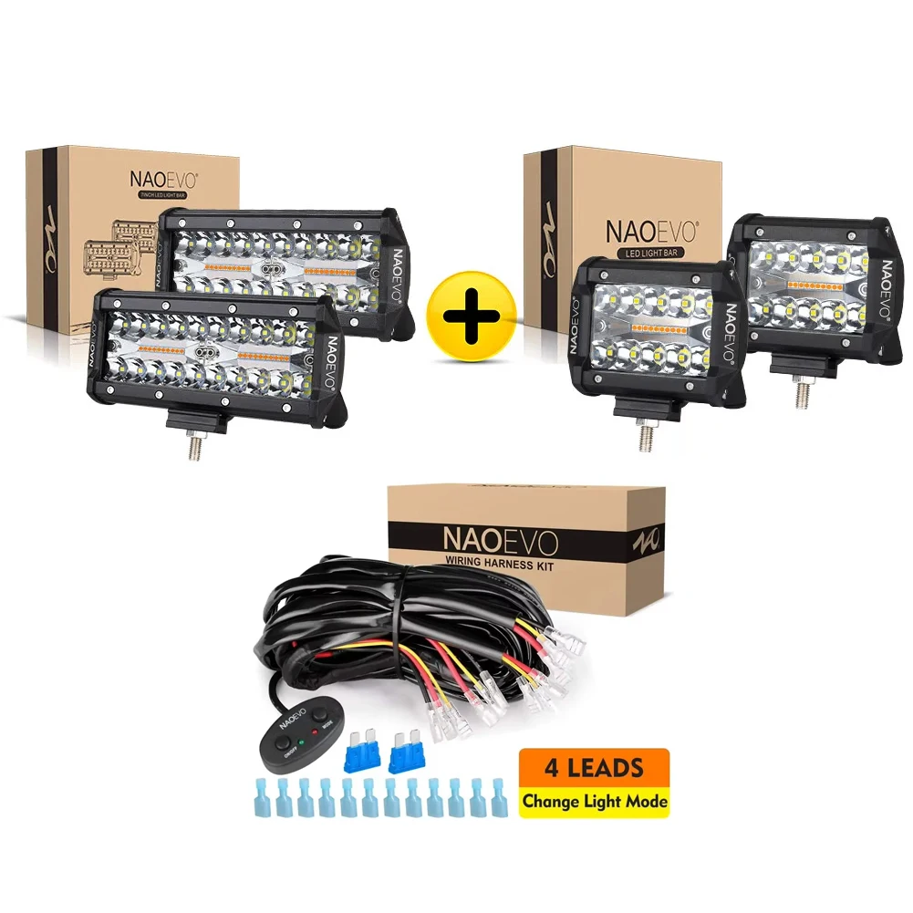

NAOEVO 4" 7" LED Work light Bar Offroad Accessories 4x4 Auto Truck 2 Color 6 Modes LED Driving Fog ATV Boat 10FT Wiring Harness