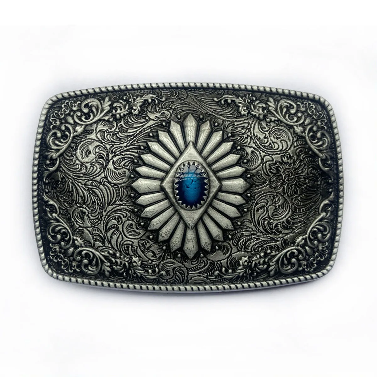 Antique Silver Engraved Floral Sunburst Blue Rhinestone Western Cowboy Belt Buckle for Men Dropshipping