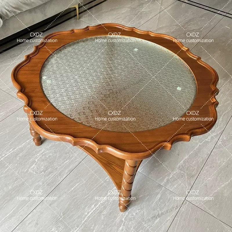Retro Solid Wood Round Coffee Table with Lace Glass Top Small Living Room Home Decor Flower Display Customizable