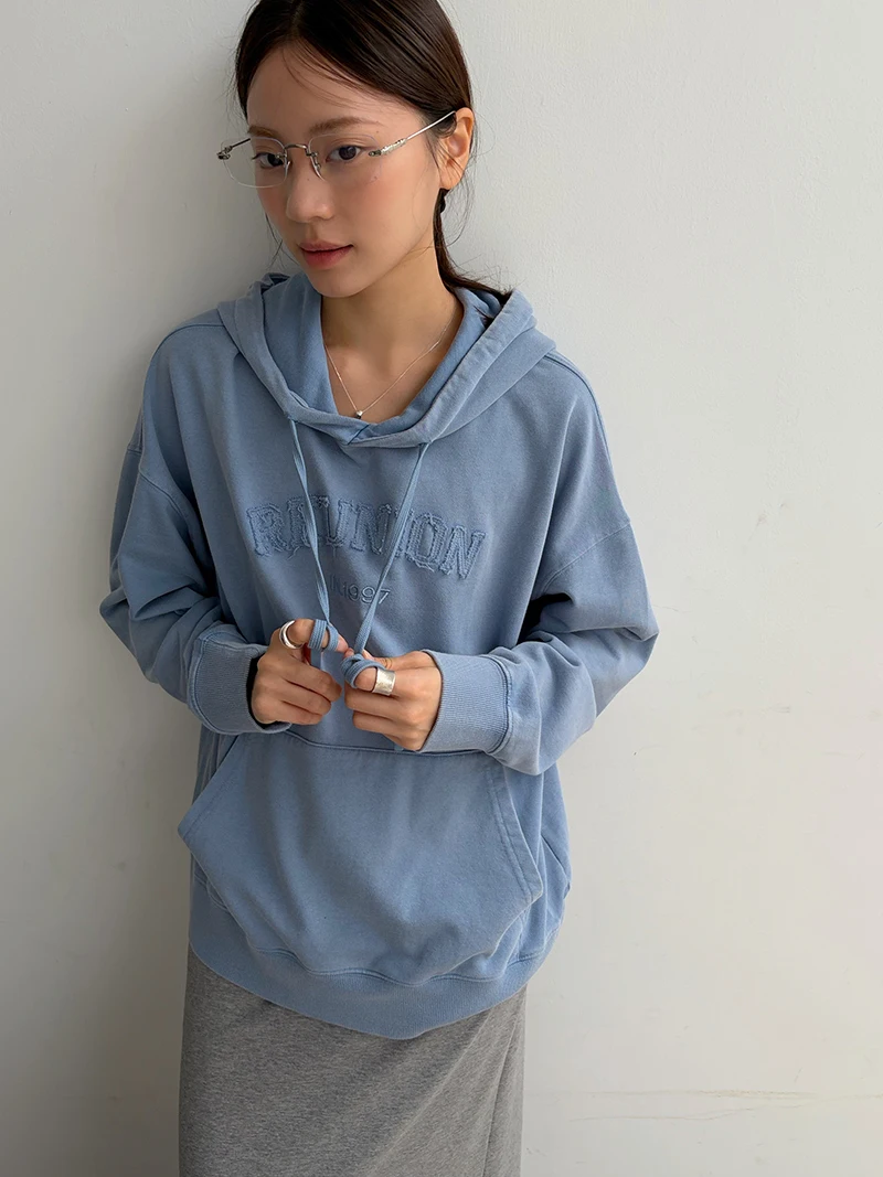 Autumn women's casual solid color vintage letter embroidery hooded loose sportswear