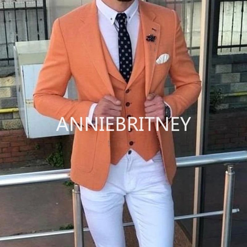 

Custom Luxury Wedding Suits For Men Slim Fit High Quality Fashion Orange Blazer Vest Groomsmen Tuxedo Dinner Party Costume Homme