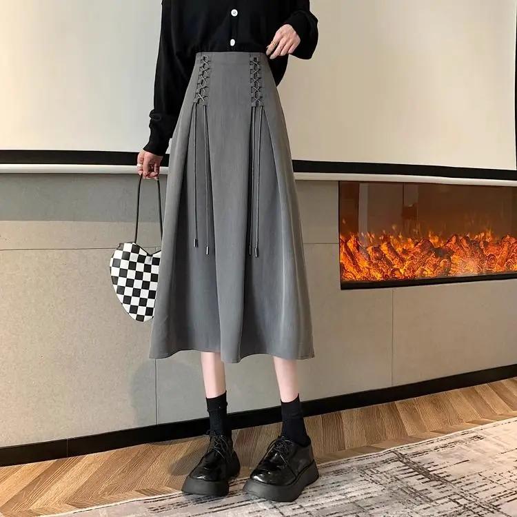 

Female Vintage Y2k Long Skirts Lace Up Decorate High Waisted Straight Skirts Autumn Women All-Match Korean Style Elegant Party