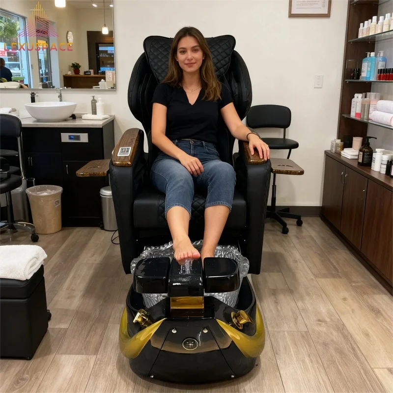 Best Comfort Black Commercial Grade Fiberglass Foot Spa Pedicure Chair Adjustable Seat Backrest Discharge Pump for Nail Salons