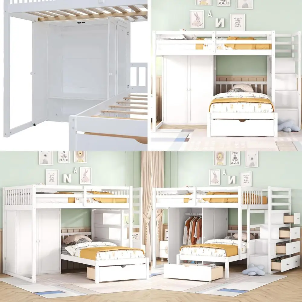 

White Full-Size Loft Bed with Stairs, Wardrobe, Drawers, and Shelves - Twin Over Full Bunk Bed with Storage