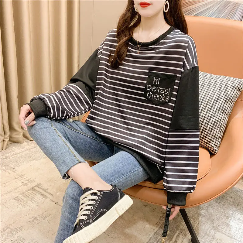 Women's Sweatshirt Round Neck Top Text Letter Printing Woman Clothing Striped Y2k Vintage Designer 2000s Casual E Emo Pullovers