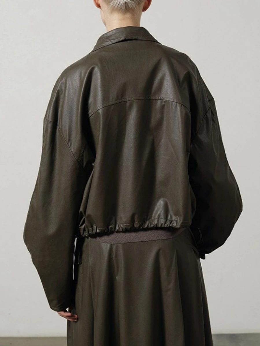 TWOTWINSTYLE الصلبة فضفاض تقسم سستة سترات كاجوال للنساء التلبيب كم طويل المرقعة الرباط سترة جلدية الإناث