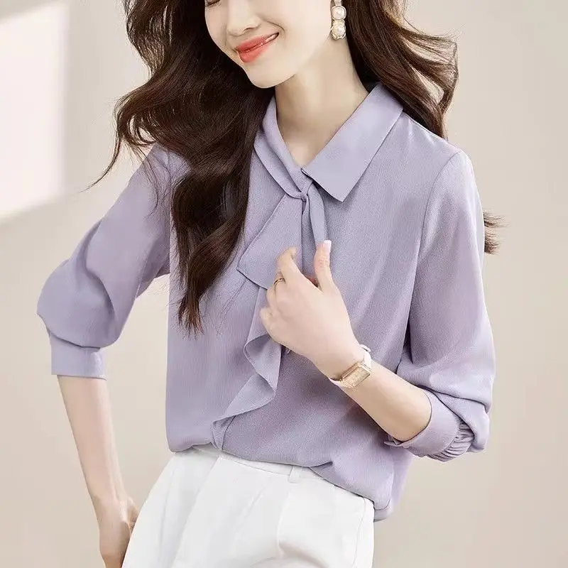 Spring and Autumn Light Mature Commuting Simple and Fashionable Ribbon Collar Loose and Versatile Solid Color Long Sleeved Shirt