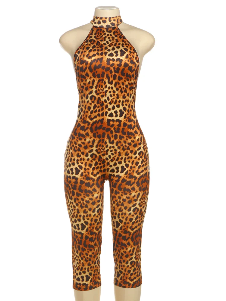 Cutenew deslumbrante leopardo impressão feminina playsuits verão hipster halter sem costas magro macacão feminino novo elástico festa uma peça