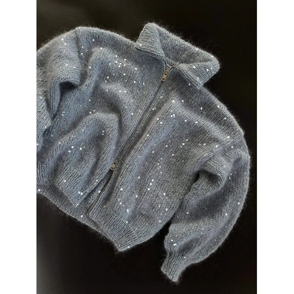 

Новый блестящий вязаный кардиган с блестками и воротником-стойкой, свитер с длинными рукавами Y2K, вязаный свитер с блестками, осень-зима