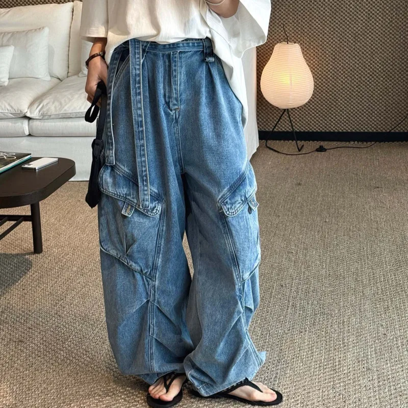 ANJY Spring Autumn New Women American Safari Style Deconstructed Multi-Pocket Heavy Wide-Leg Jeans Loose Casual Ins Pants A22036