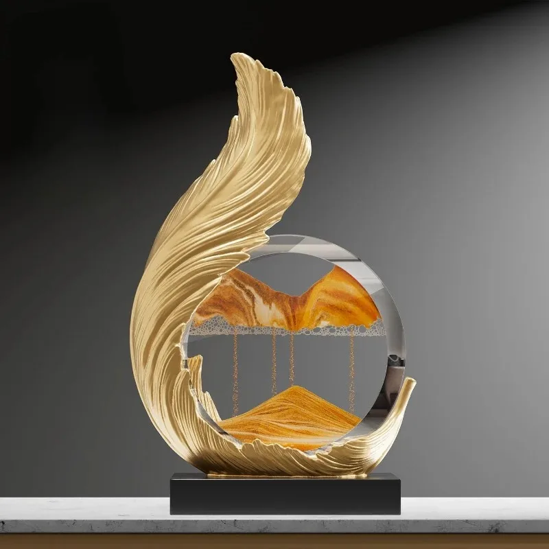 Light Luxury GoldenFeather Resin Sculpture Dynamic Flowing Sand Art Ornament Desktop Decor Wine Cabinet Office Housewarming Gift