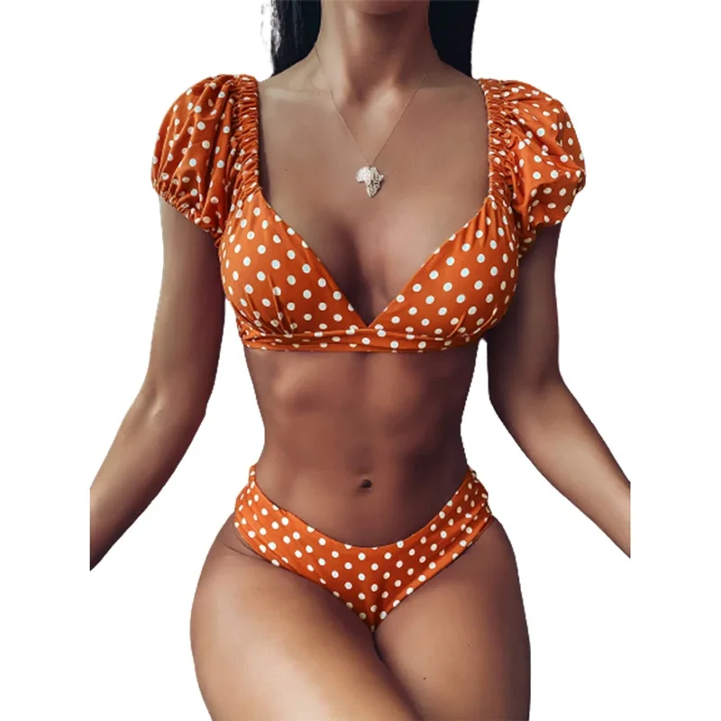 Women Polka Dot Print Bikini Set V-Neck Pleated Bubble Sleeve Separates Swimwear Female Sexy Swimsuit Beach Wear Two Piece Suits