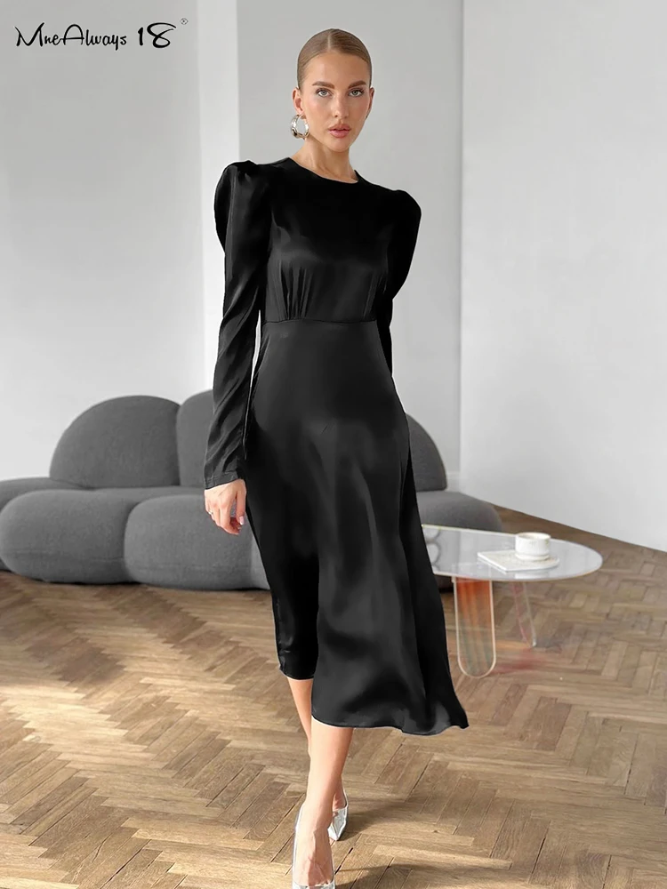 Mnealways18 Black Satin Elegant A-Line Dresses Women Puff Sleeves Pleated Long Dress Round Neck Office Ladies Slim Dress 2024