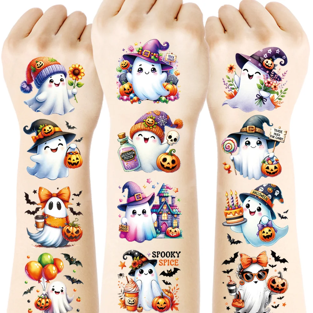 16 Sheets Halloween Spooky Ghost Temporary Tattoos, Kawaii Ghost Decals, Party Favors Supplies, Masquerade Cosplay Makeup Props