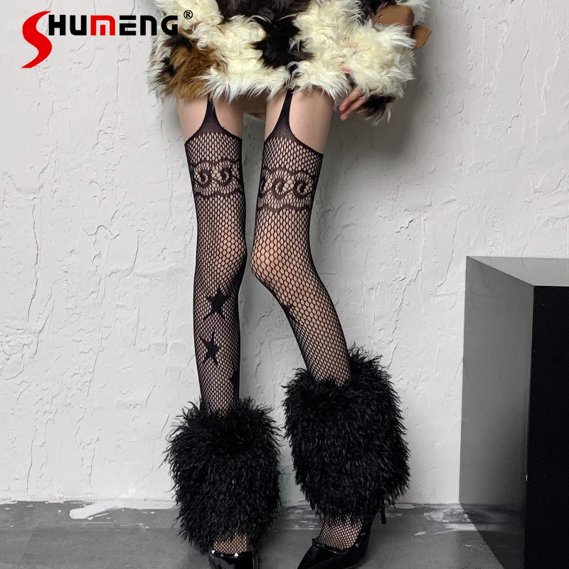 

Japanese Soft Girl Sexy Pantyhose Black Fishnet Mixed Furry Y2K Punk Style Layered Tights Leg Warmers For Women's Socks Hosiery