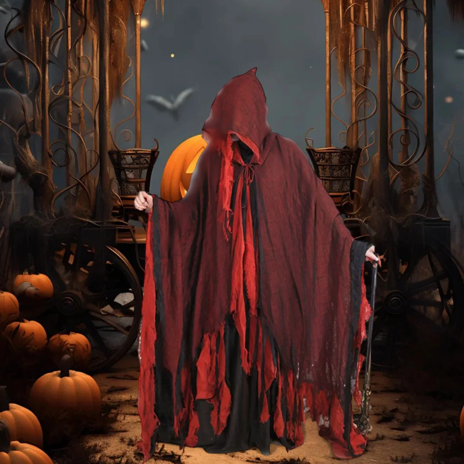 أزياء الهالوين للبالغين، عباءة ممزقة بغطاء للرأس/منجل لملابس الحفلات التنكرية