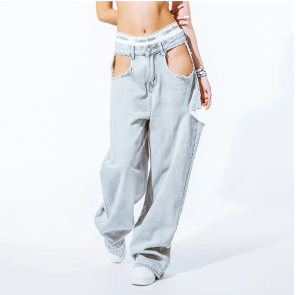 

Hollow Out Pants Kpop Jazz Dance Outfit Hip Hop Dancing Clothes Streetwear Blue Jeans Street Dance Performance Costume yj462