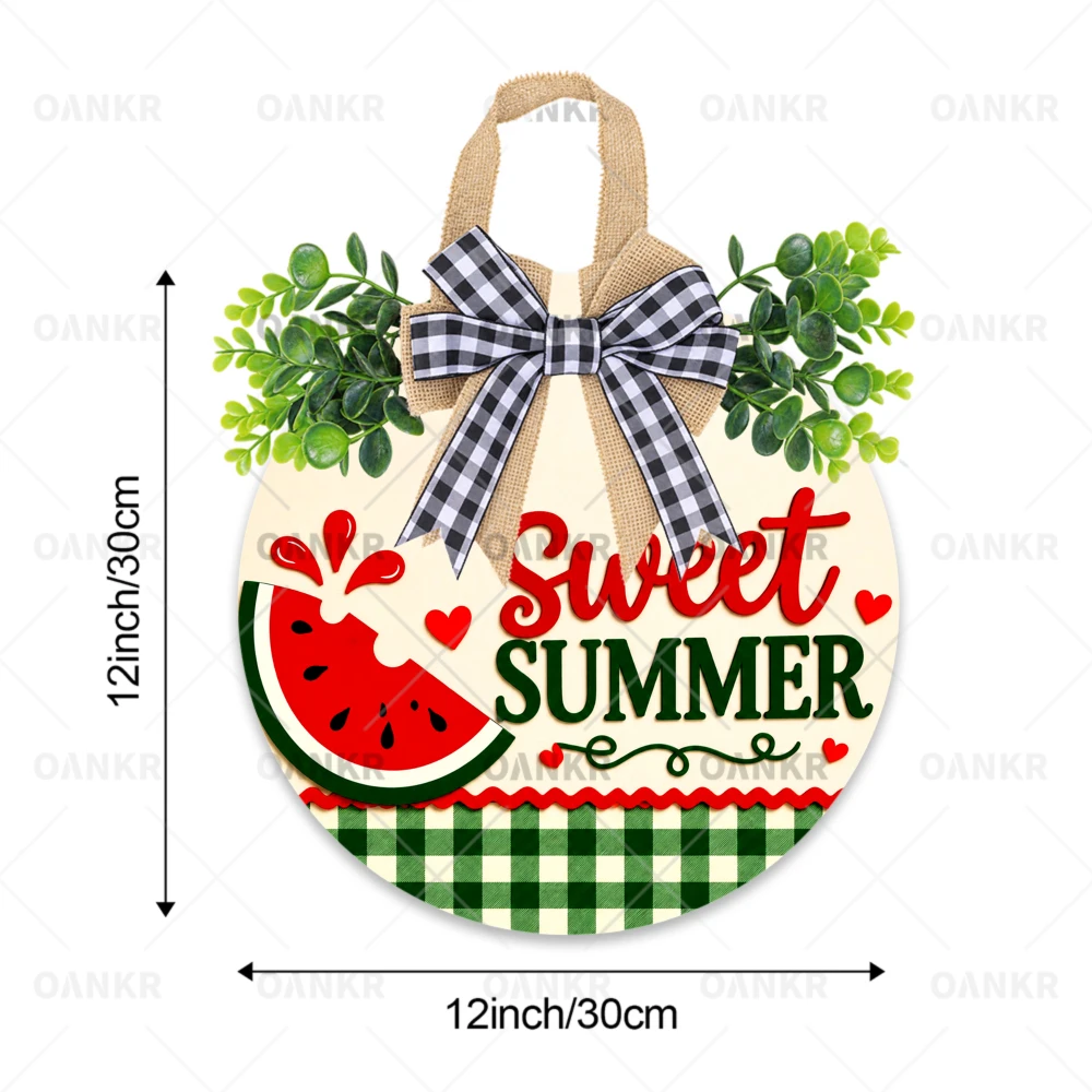 1PC Hello Summer Wooden Door Wreath, 5 Bow & Greenery Styles Available, Beach & Watermelon Round Front Door Hanger for Porch, Entryway & Farmhouse Wall Decor, Classic Signs Sweet Summer Watermelon Pattern Prints, 2D Flat, 12x12 Inches