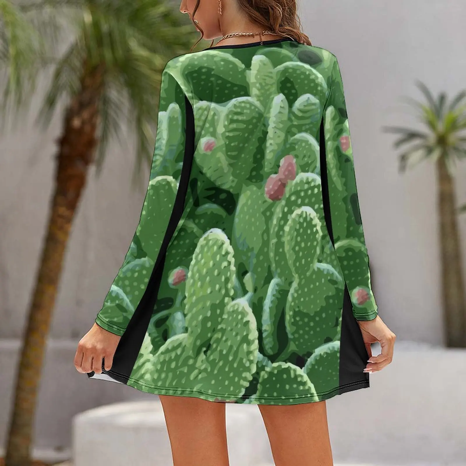 Vestido suelto de manga larga para mujer, traje de playa de verano, Cactus de pera espinoso con fruta