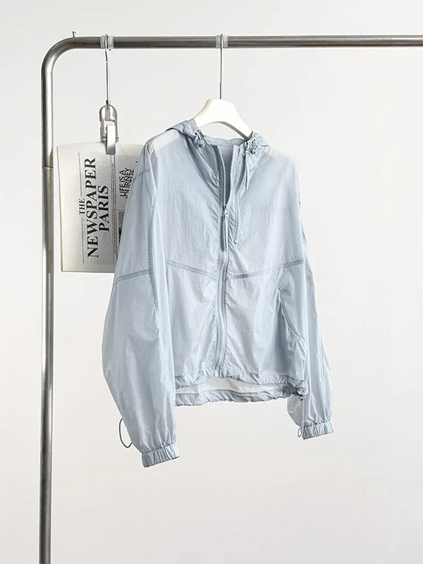 Feminino verão solto ajuste com capuz proteção solar jaet duplo zíper casual sle design leve longo sve