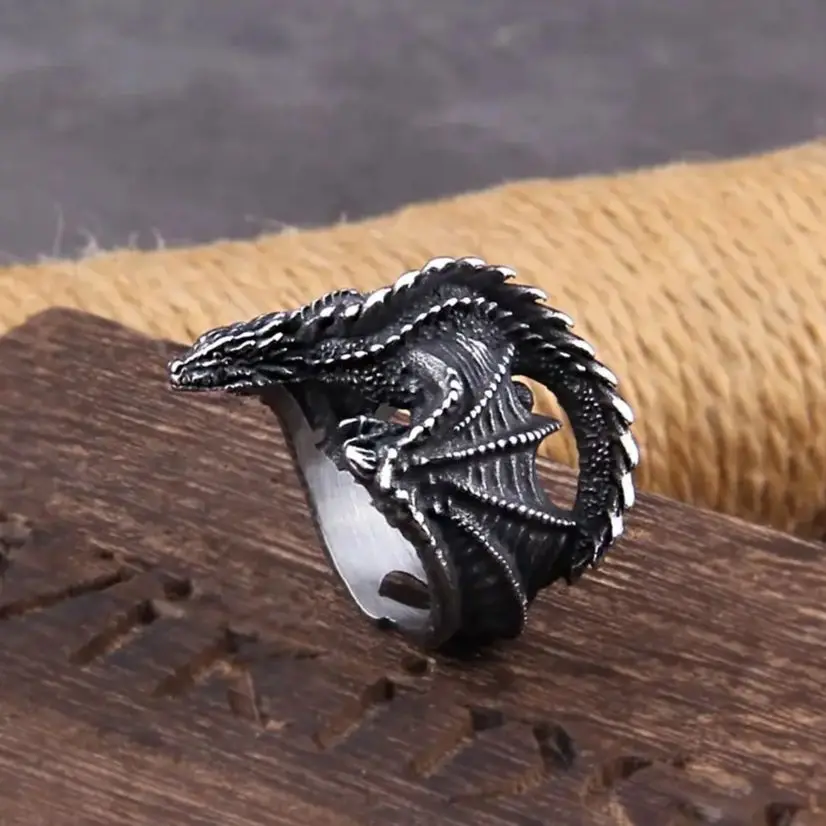 Viking Style Stainless Steel Huge Dragon Ring for Men Male Fashion Jewelry as gift with wooden box view 2