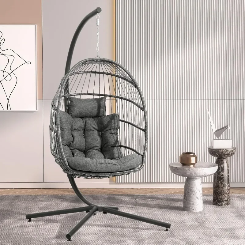 Egg Chair with Stand, Hanging Egg Swing Hammock Chair with Stand, Indoor Outdoor Wicker Egg Chair with Cushion Headrest