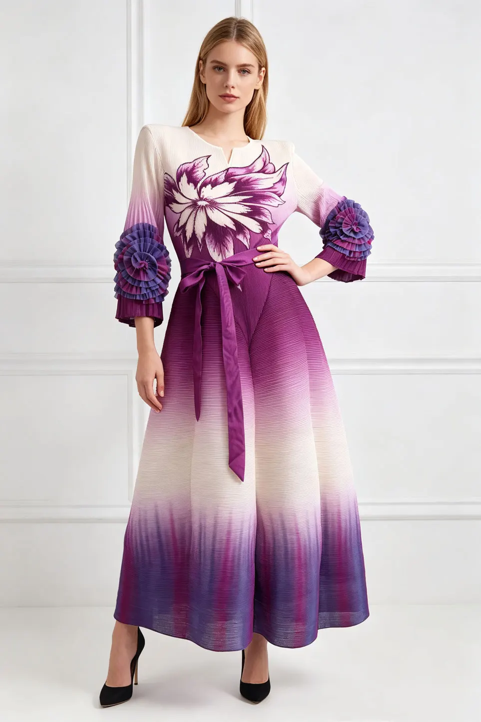 Miyake Pleated Women Abaya Maxi Dress Large Floral Print Belted 3/4 Sleeve Loose Maxi Robe Elegant Formal Party Long Dress
