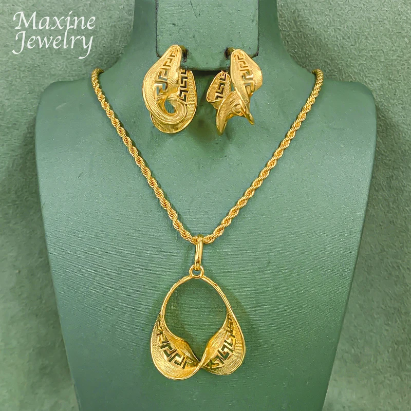 Spezielles Afrikanisches 18K Vergoldetes Kupfer-Schmuckset für Frauen Ohrringe Anhänger mit Kettenhalskette Braut Hochzeit Party Geschenke – Detail 7