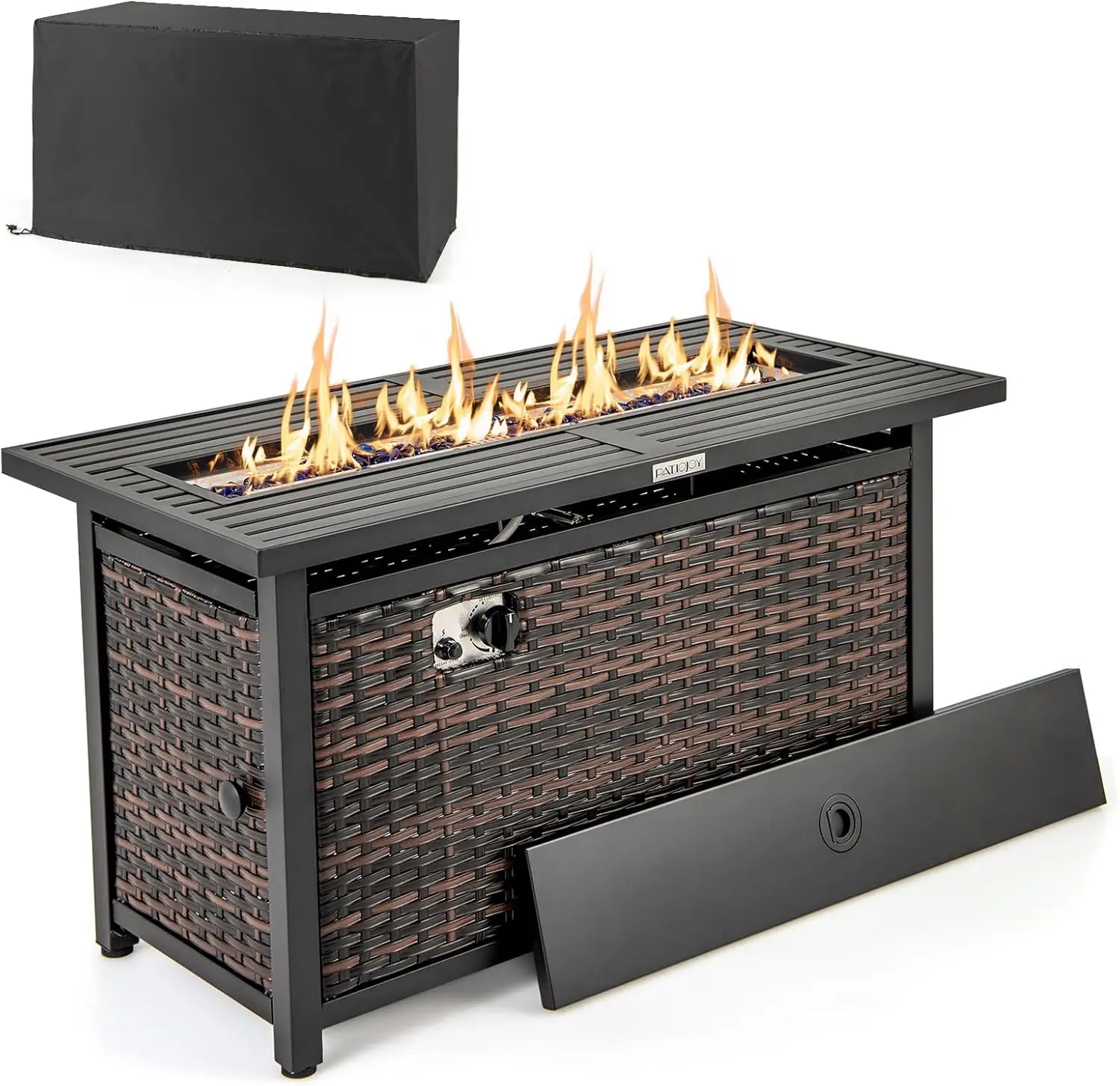 Tangkula 45 Inch Rattan Propane Fire Pit Table, Patiojoy 50,000 BTU Outdoor Rectangle Fire Pit with Glass Stones & Protective Co