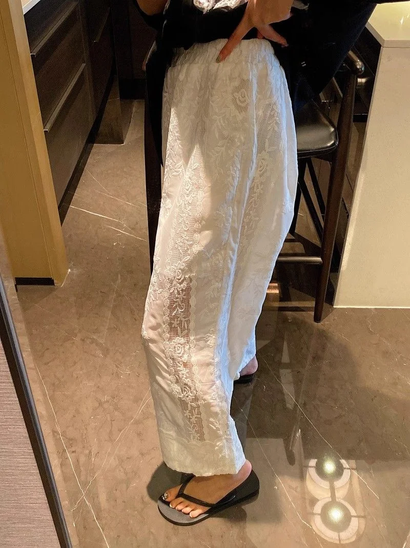 

plus Size Casual High Waist Elastic Hollow out Lace Trimmed Long Pants Women's Summer Comfortable Loose Fit Trousers