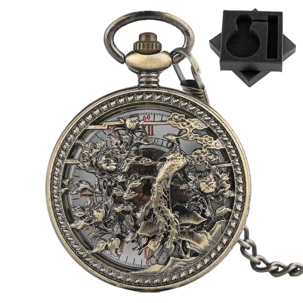 

Изысканные полые бронзовые карманные часы Феникс, механические часы с автоподзаводом, роскошные винтажные часы с автоматическим механизмом, брелок-цепочка, подарок