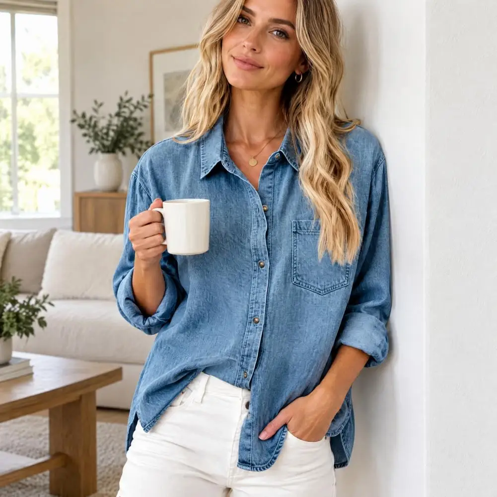 Long Sleeve Tops Versatile Wear Women Denim Shirt Jacket Lapel Long Sleeve Coat Button-down Loose Fit Tops Solid Color Autumn