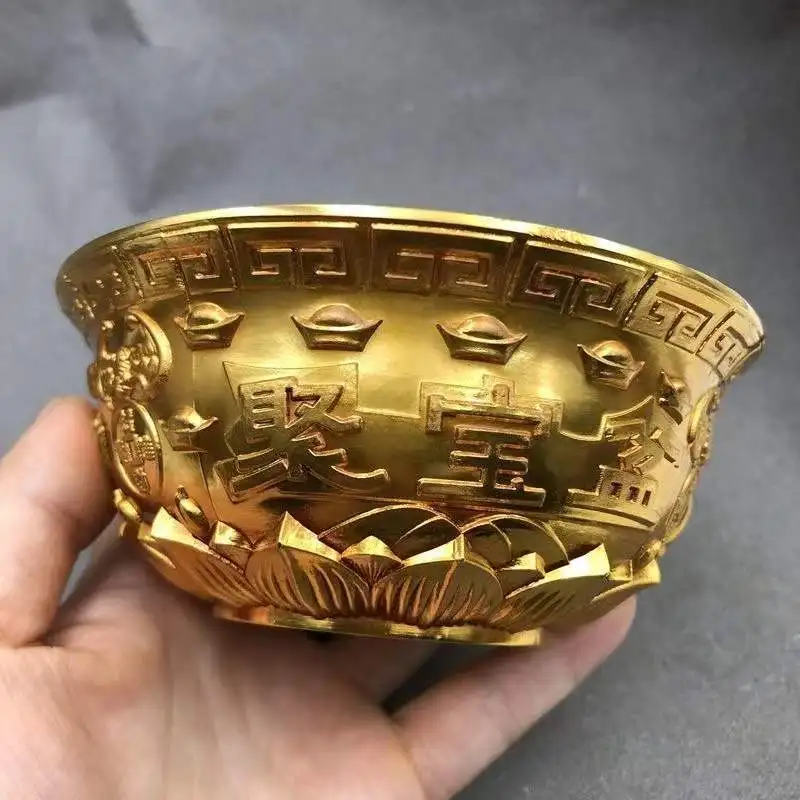 

Antique Antique Antique Pure Copper Thickened Gilding Lotus Bason Bowl Jubao Basin Crafts Rural Collection Old Objects