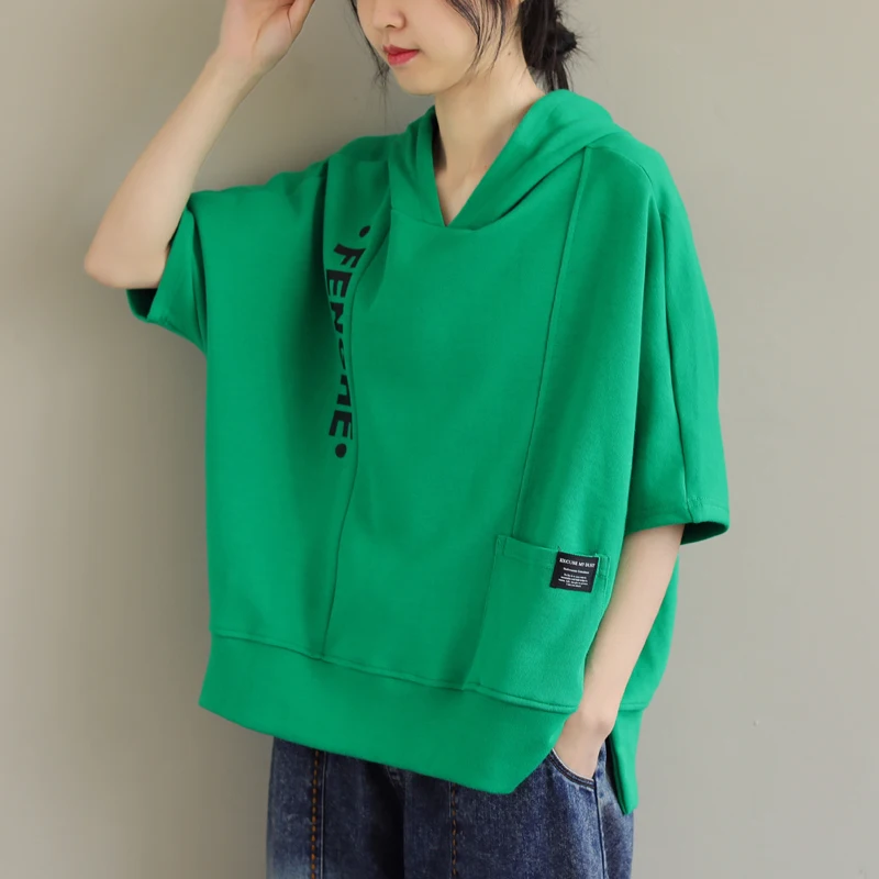 

Свободная хлопковая футболка ort Sve, корейская повседневная художественная толстовка с капюшоном Five-Quarter Sve, женский летний утягивающий топ