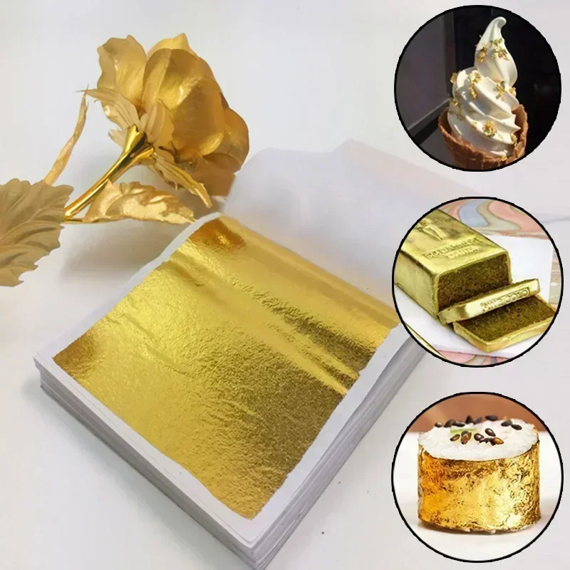 100pcs Imitation Gold Silver Foil Paper Leaf Sheet Gilding DIY Art Craft Paper Birthday Party Wedding Cake Dessert Decorations