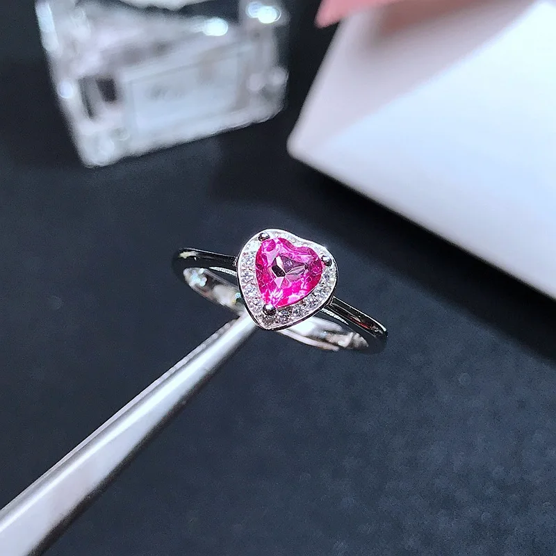 Pink Topaz Women Adjustable Size  Ring 925 Silver  Heart Shape Cute Girl Lady Birthday Gift