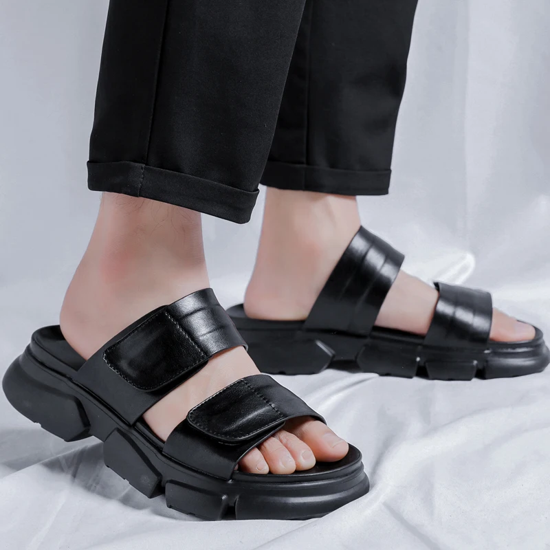 Men Black Leather Sandals with Thick Soles and No Tie Up Cuffs Trendy Comfortable Open-toe Outdoor Anti Slip Beach Shoes