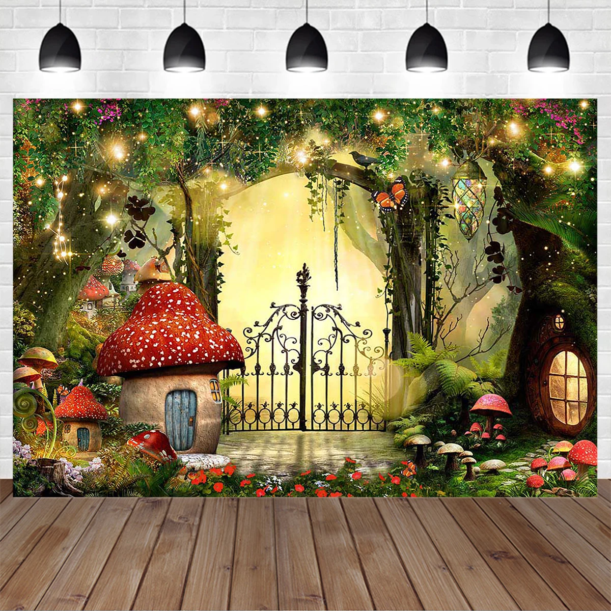 Magic World Party Poster Background Giant Mushroom House Forest Butterfly Garden Decoration Photography Backdrop Girl Baby Photo